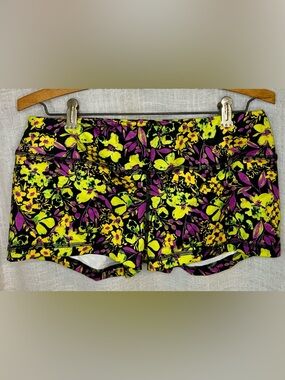 Fleo OG - 2.5” inseam Women's Black Shorts with Yellow & Purple Floral Print XL